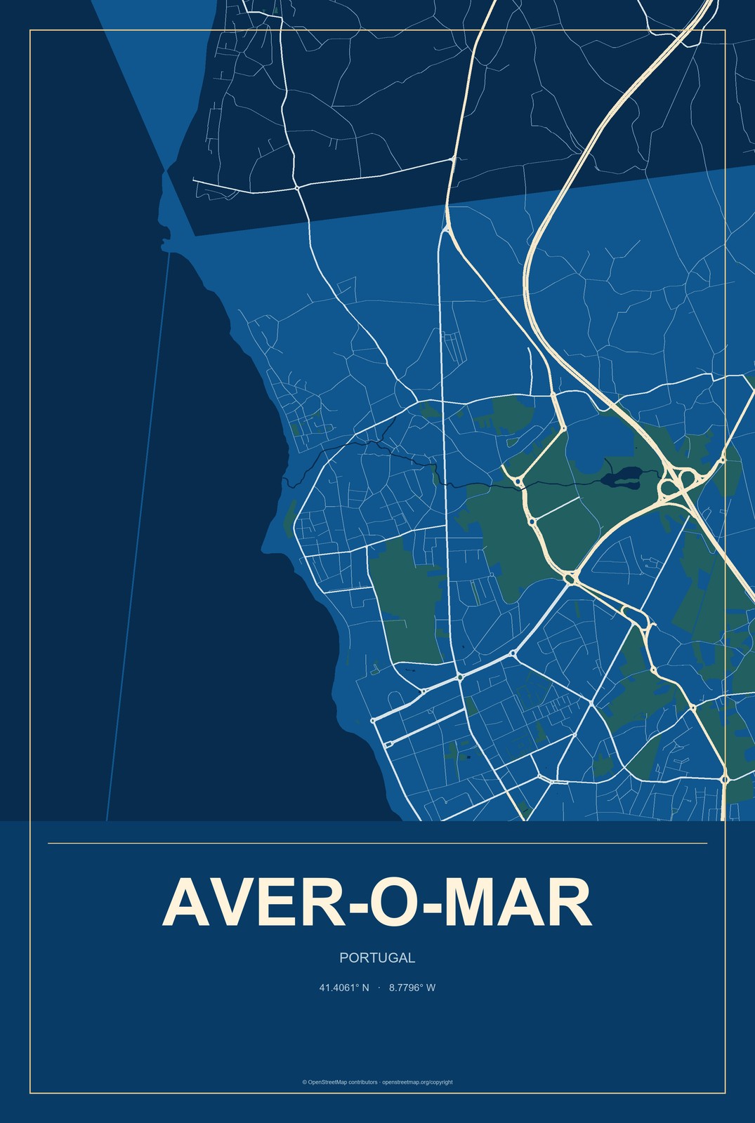 Aver-o-Mar, Portugal City Map Aluminum Sign in Harbor Cobalt style
