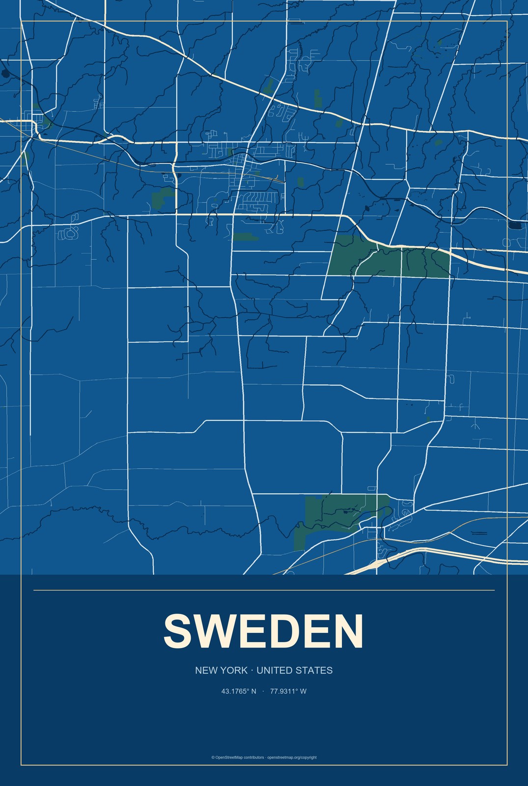 Sweden, New York City Map Aluminum Sign in Harbor Cobalt style