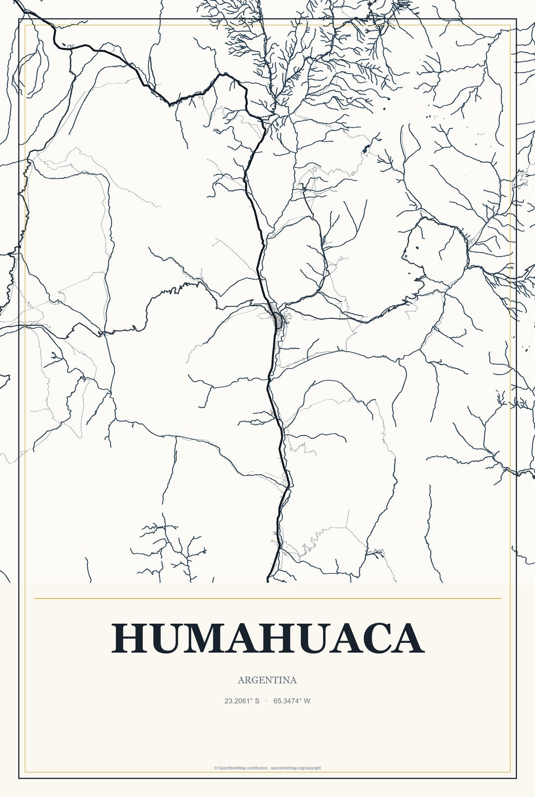 Humahuaca, Argentina City Map Aluminum Sign in Citrine Modern style