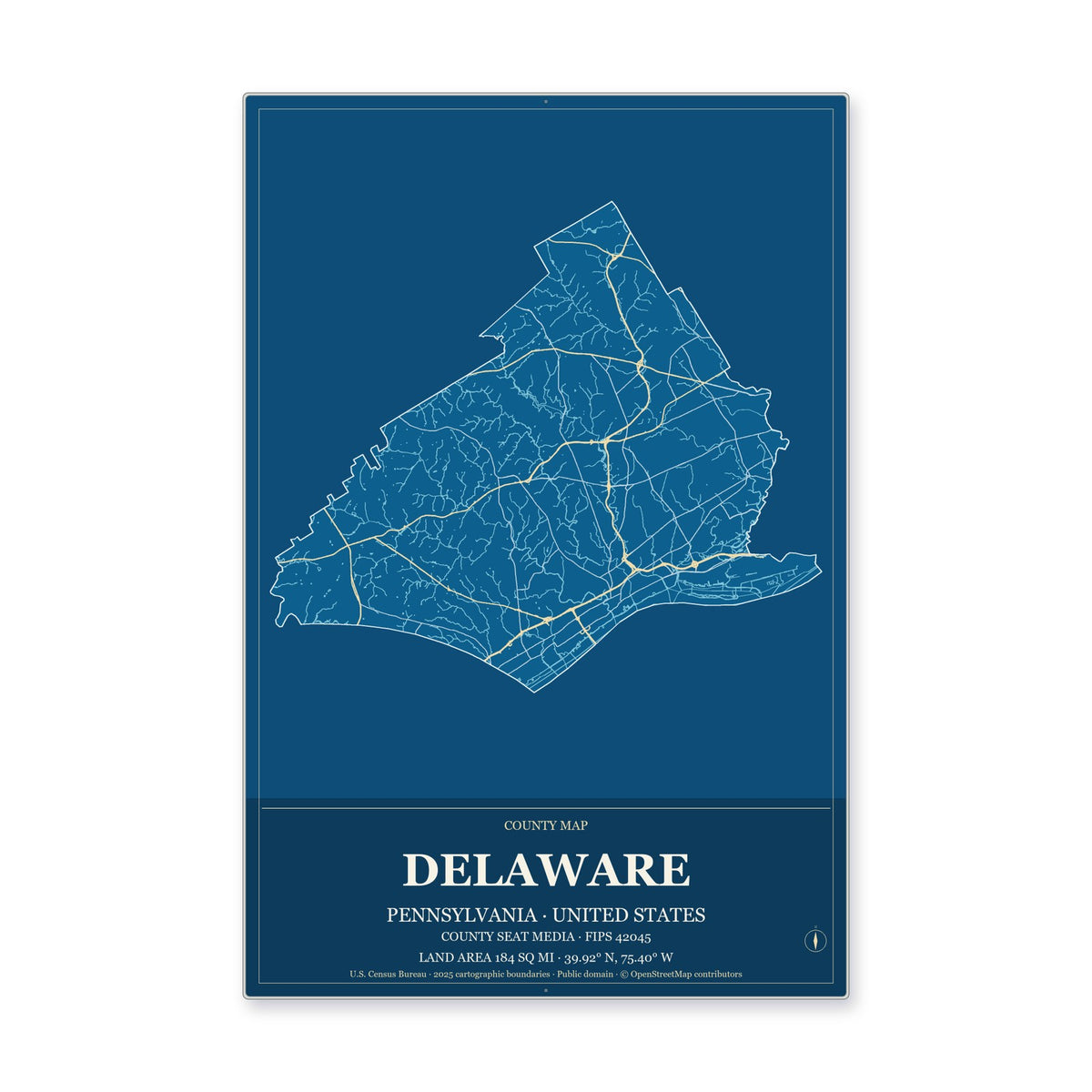 Delaware County, Pennsylvania Map Aluminum Sign in Harbor Cobalt style