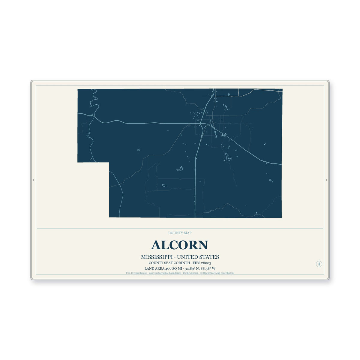 Alcorn County, Mississippi Map Aluminum Sign in Coastal Cutout style