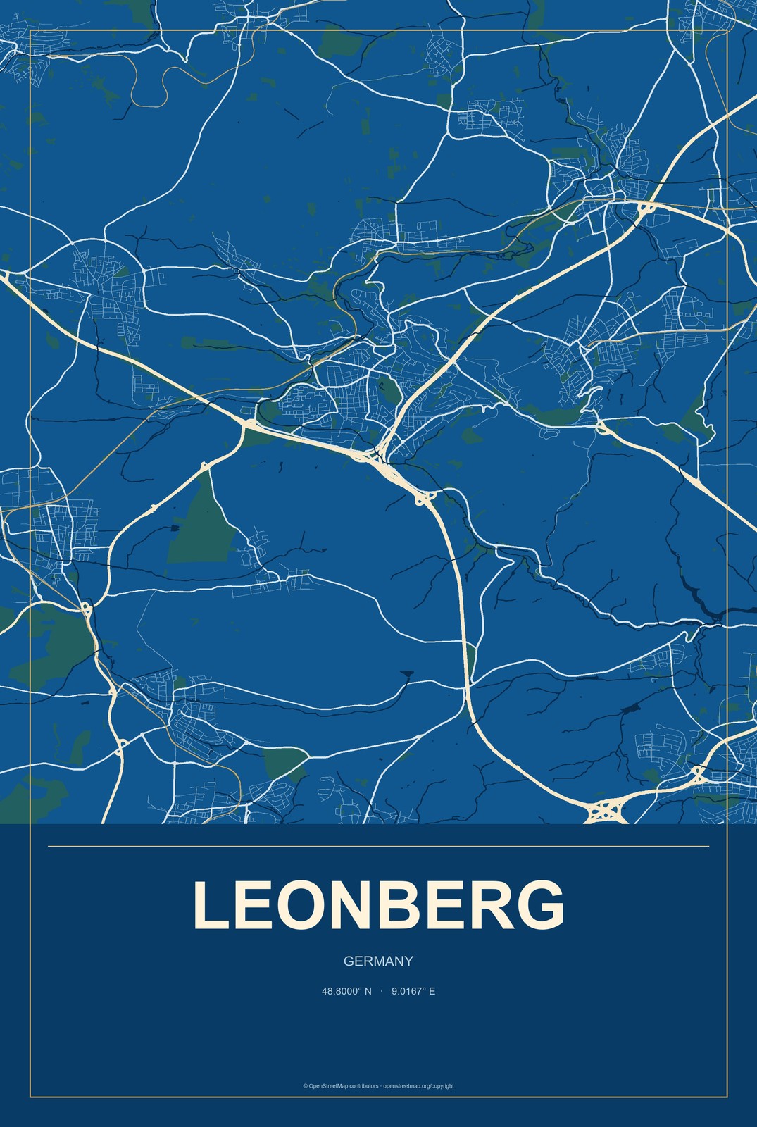 Leonberg, Germany City Map Aluminum Sign in Harbor Cobalt style