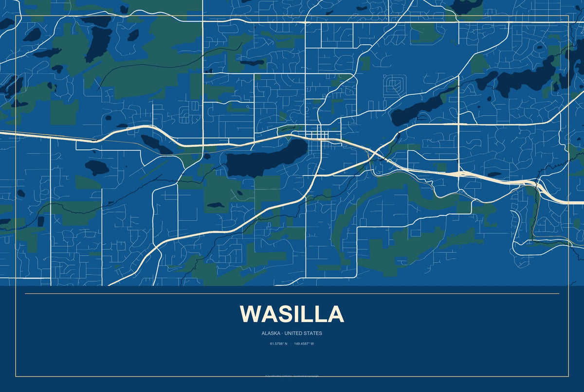 Wasilla, Alaska City Map Aluminum Sign in Harbor Cobalt style