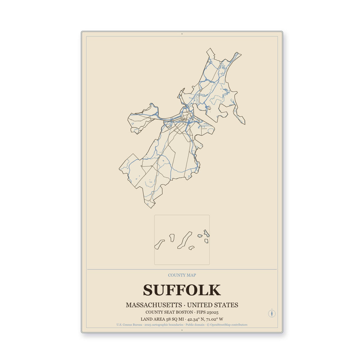 Suffolk County, Massachusetts Map Aluminum Sign in Heritage Nautical style