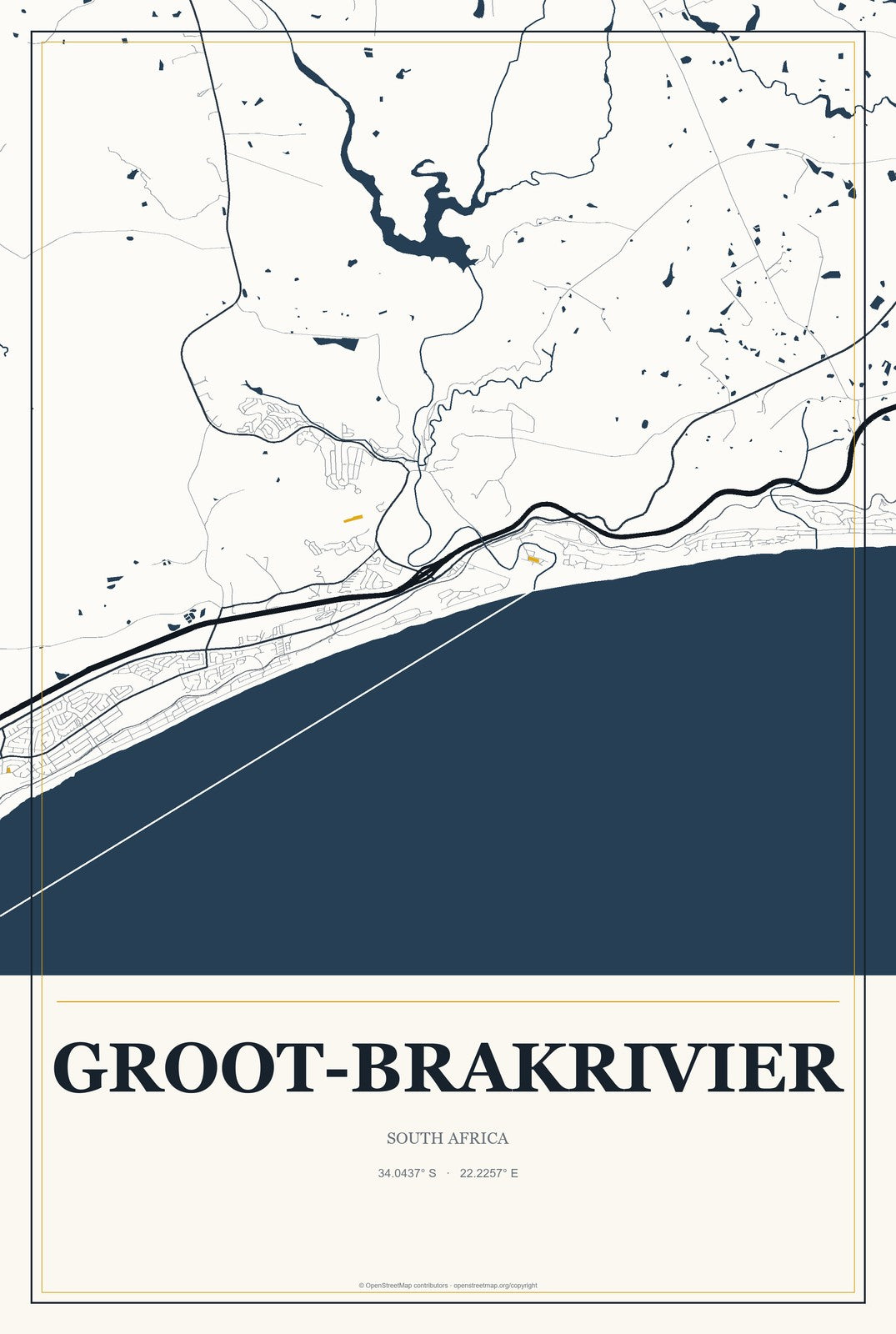 Groot-Brakrivier, South Africa City Map Aluminum Sign in Citrine Modern style