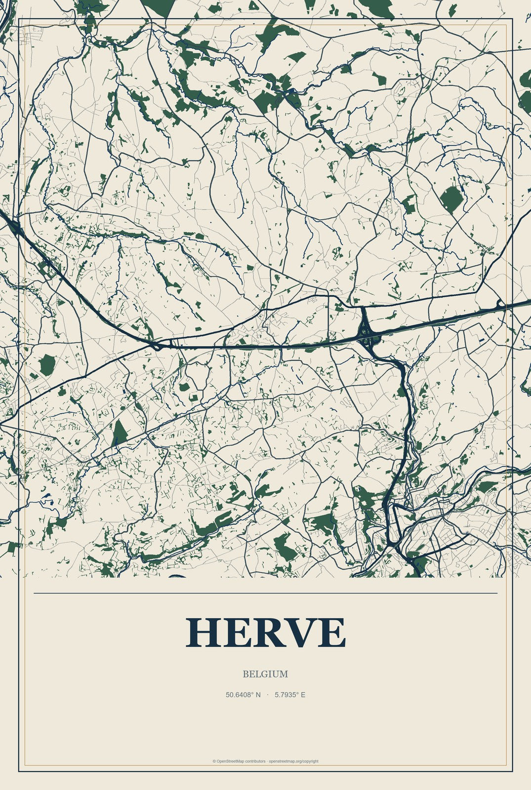 Herve, Belgium City Map Aluminum Sign in Coastal Cutout style