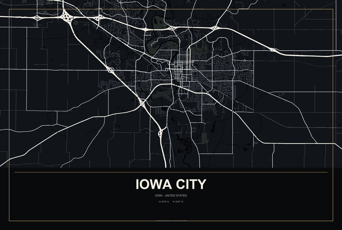 Iowa City, Iowa City Map Aluminum Sign in Metropolitan Noir style