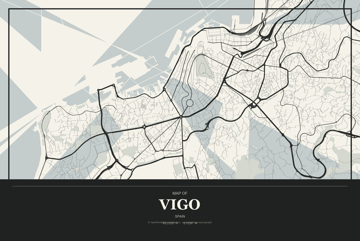 Vigo, Spain City Map Aluminum Sign in Museum Plaque style