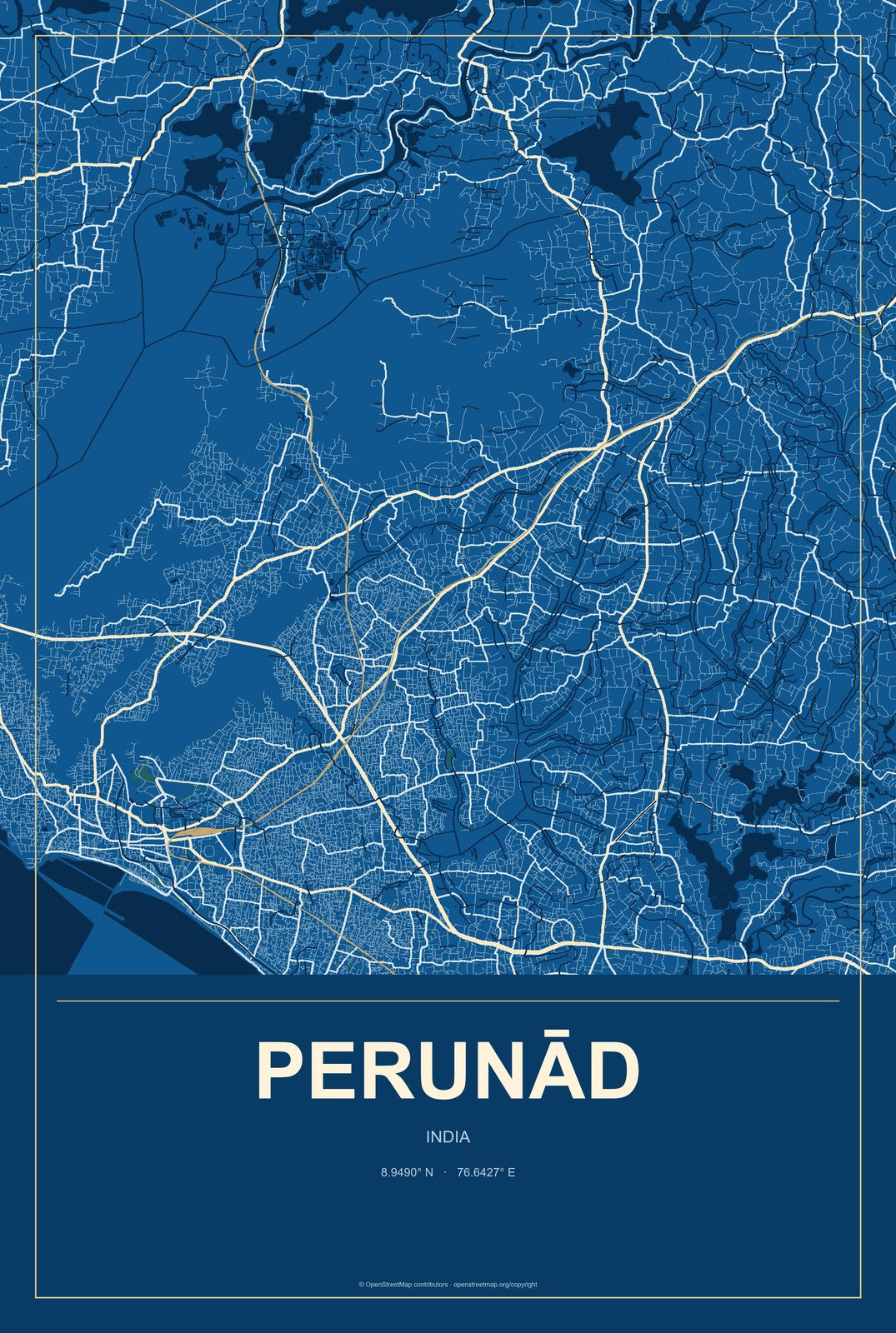 Perunād, India City Map Aluminum Sign in Harbor Cobalt style
