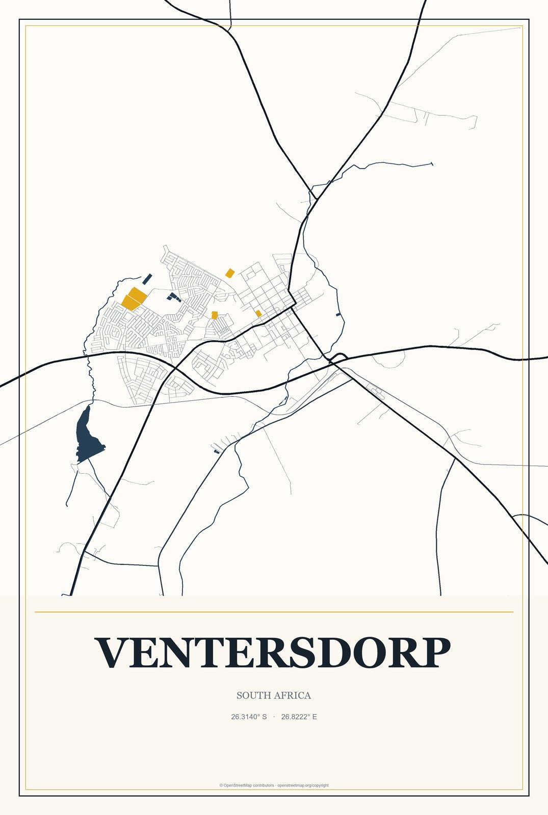 Ventersdorp, South Africa City Map Aluminum Sign in Citrine Modern style