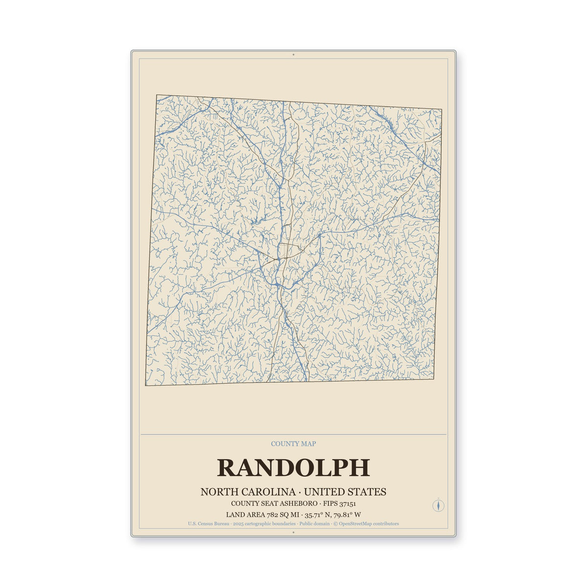 Randolph County, North Carolina Map Aluminum Sign in Heritage Nautical style