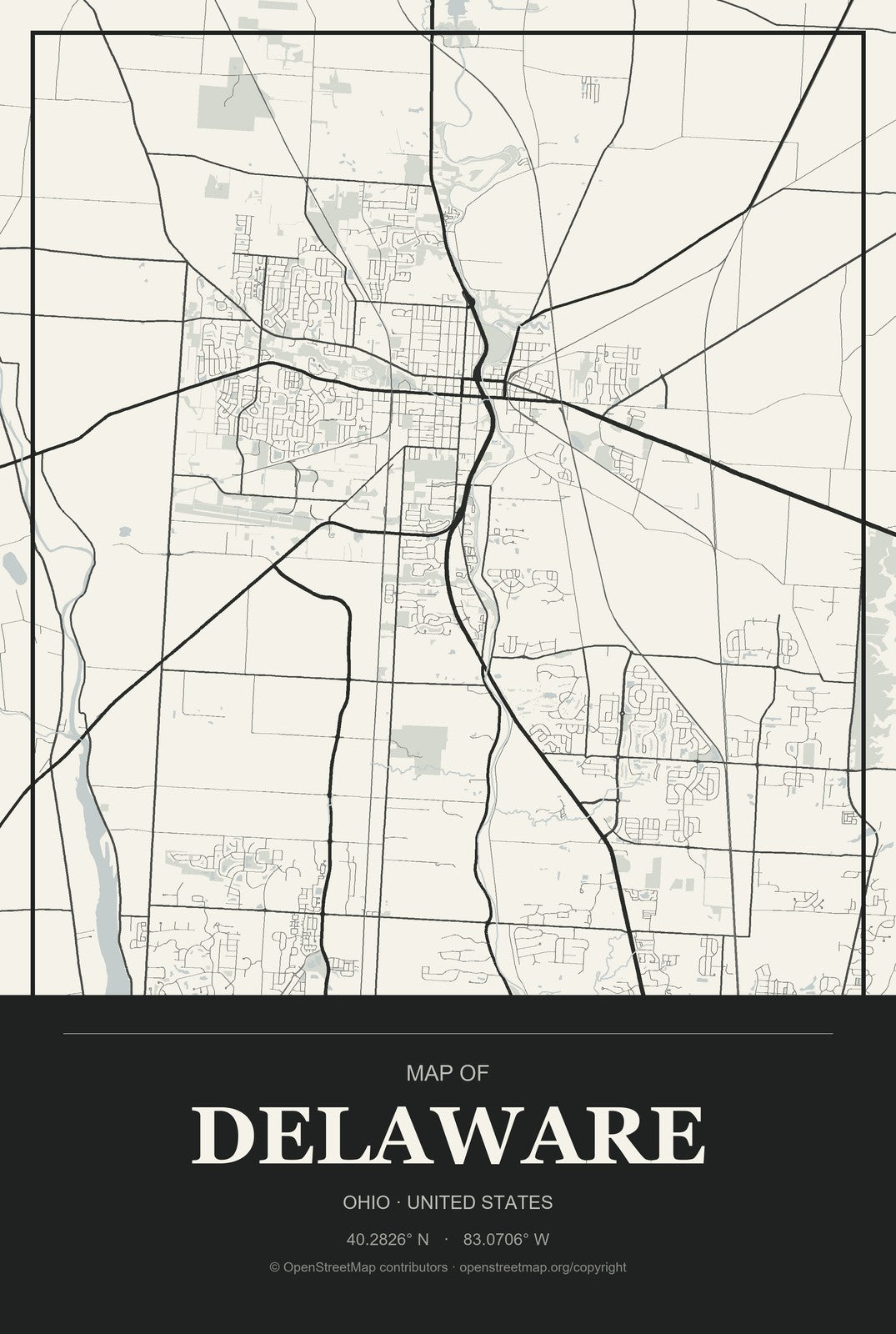 Delaware, Ohio City Map Aluminum Sign in Museum Plaque style