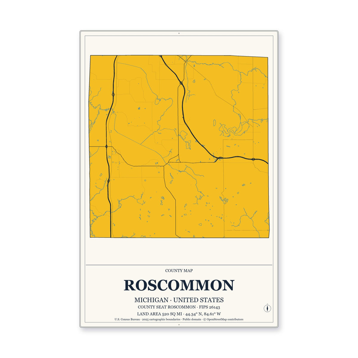 Roscommon County, Michigan Map Aluminum Sign in Citrine Modern style