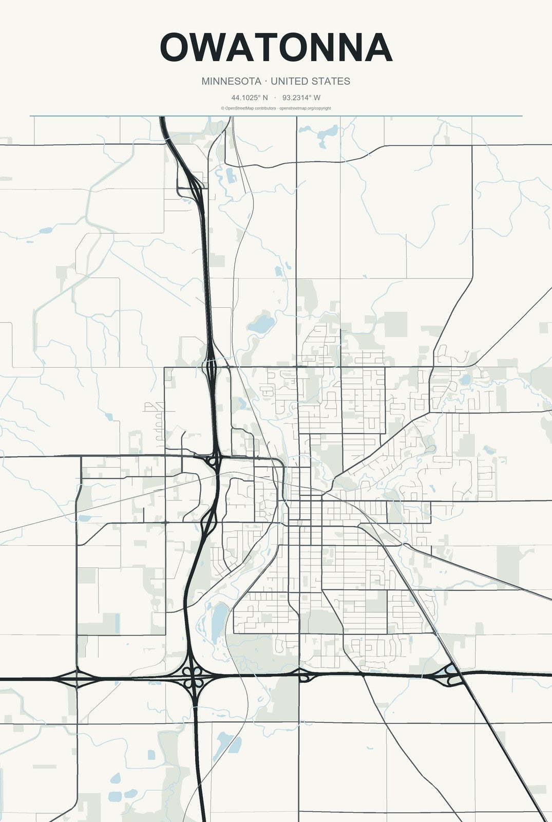 Owatonna, Minnesota City Map Aluminum Sign in Headline Atlas style