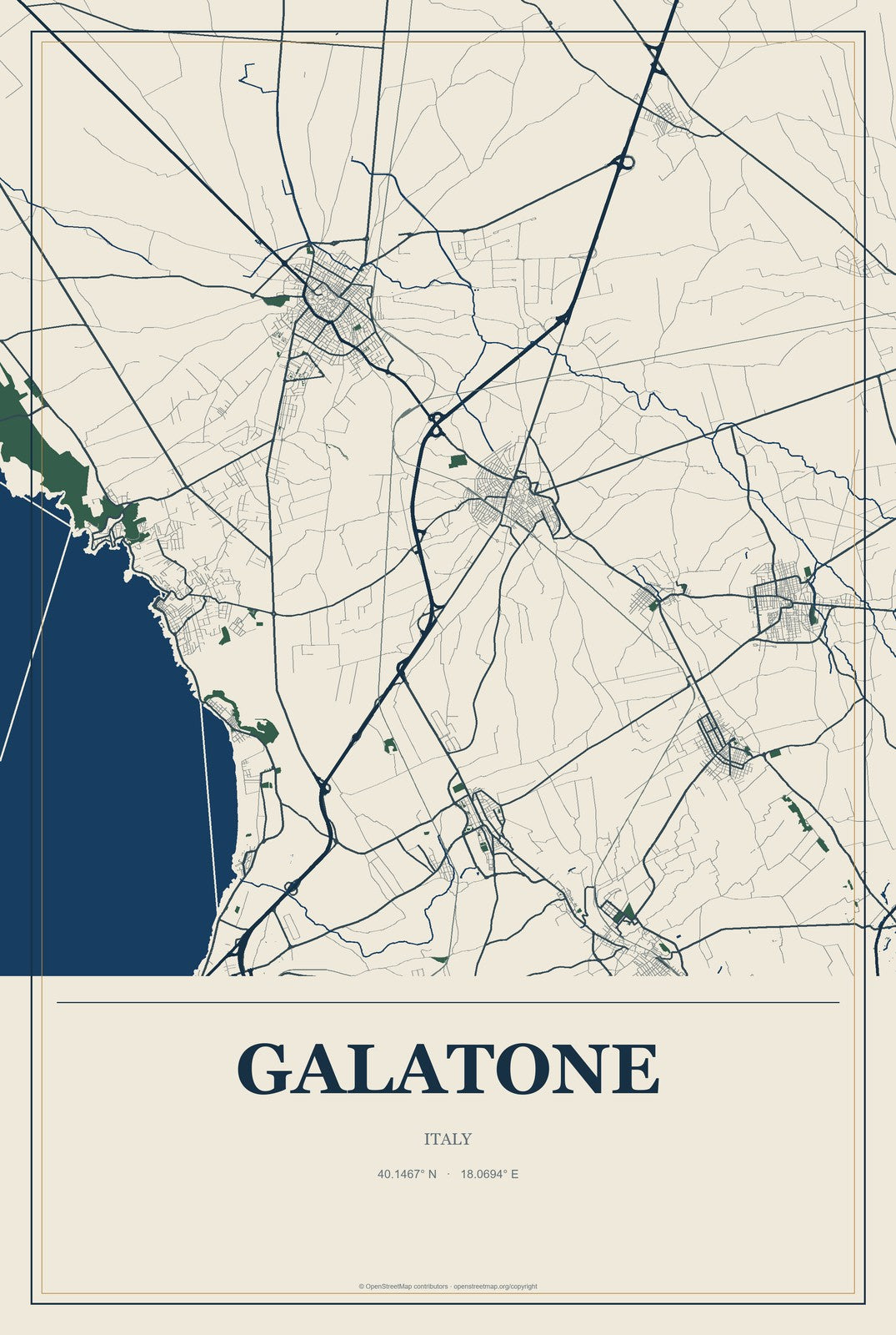Galatone, Italy City Map Aluminum Sign in Coastal Cutout style