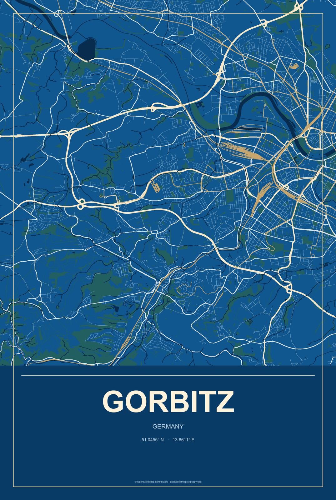 Gorbitz, Germany City Map Aluminum Sign in Harbor Cobalt style