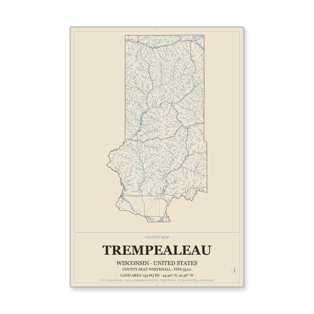 Trempealeau County, Wisconsin Map Aluminum Sign in Heritage Nautical style