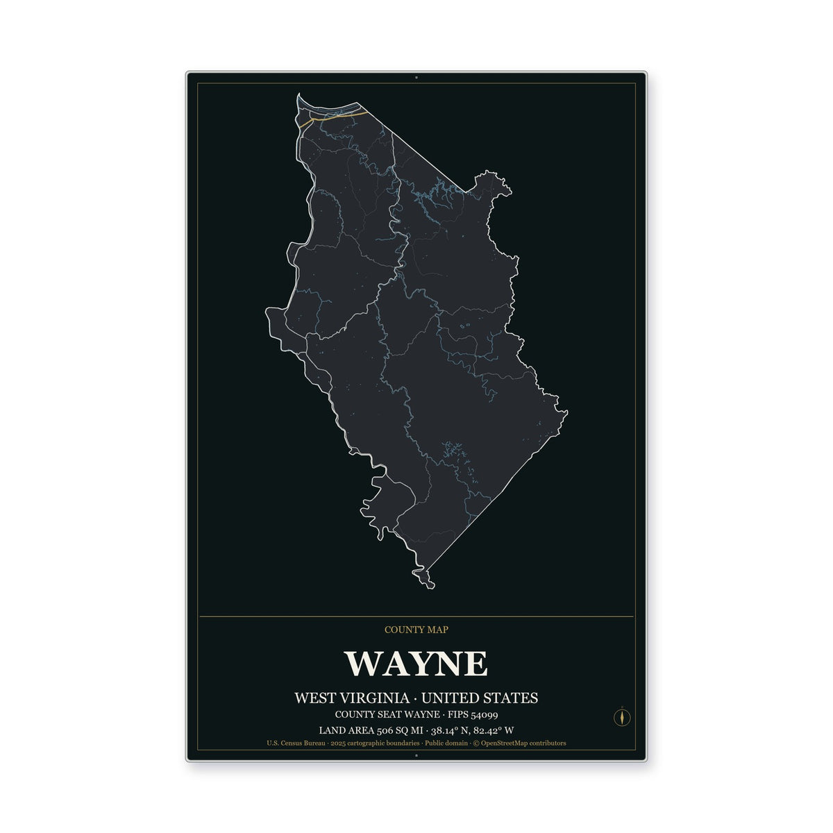 Wayne County, West Virginia Map Aluminum Sign in Metropolitan Noir style