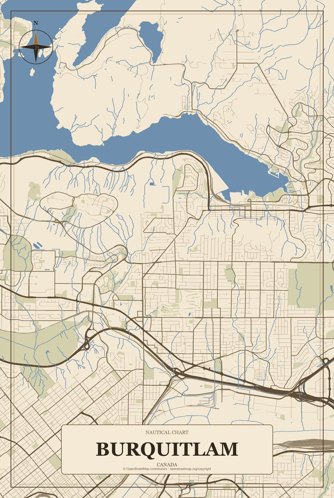 Burquitlam, Canada City Map Aluminum Sign in Heritage Nautical style