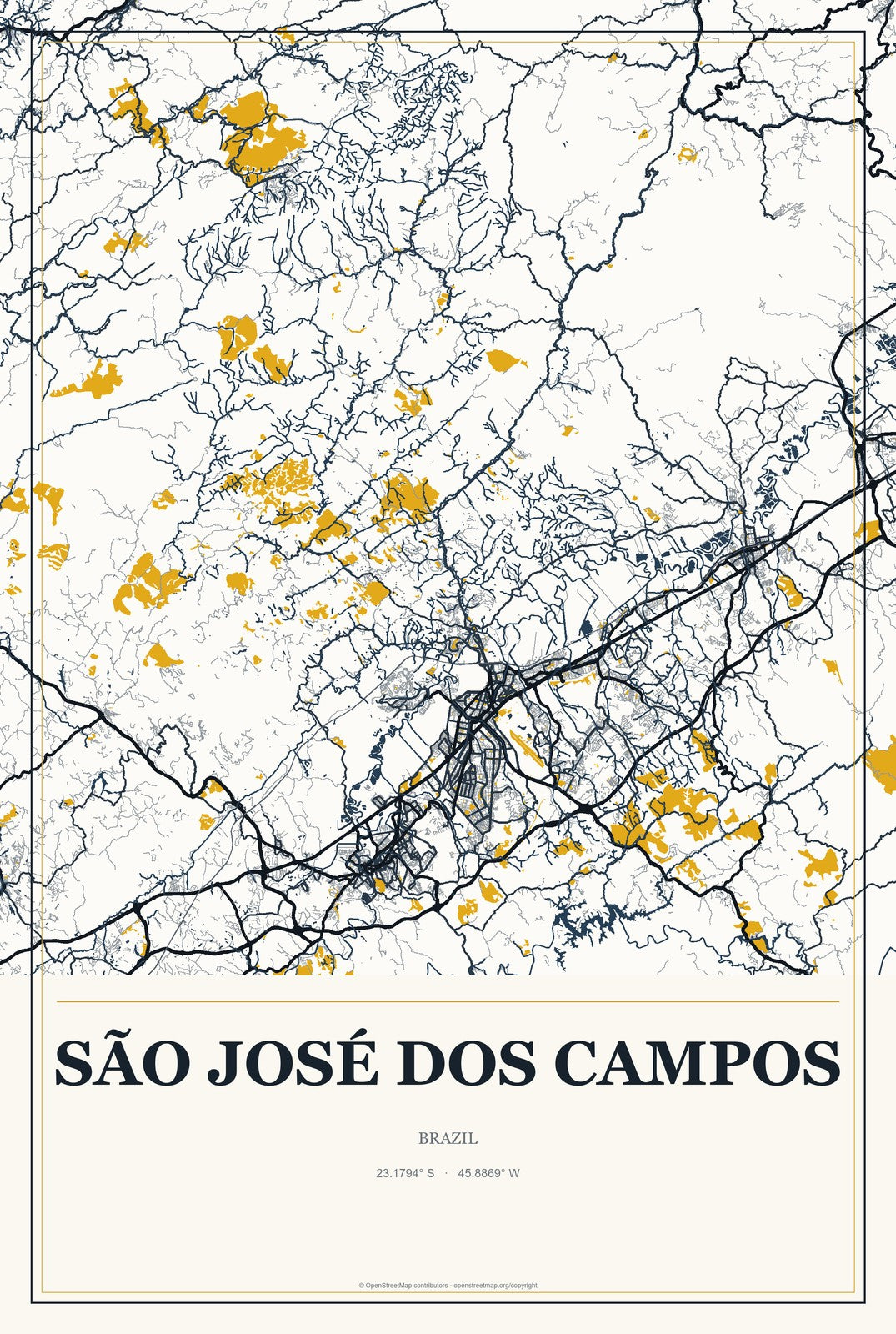 São José dos Campos, Brazil City Map Aluminum Sign in Citrine Modern style