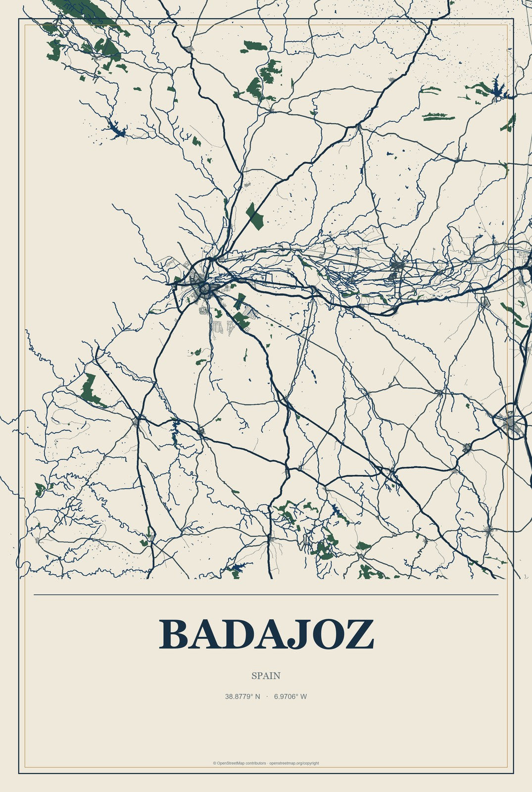 Badajoz, Spain City Map Aluminum Sign in Coastal Cutout style