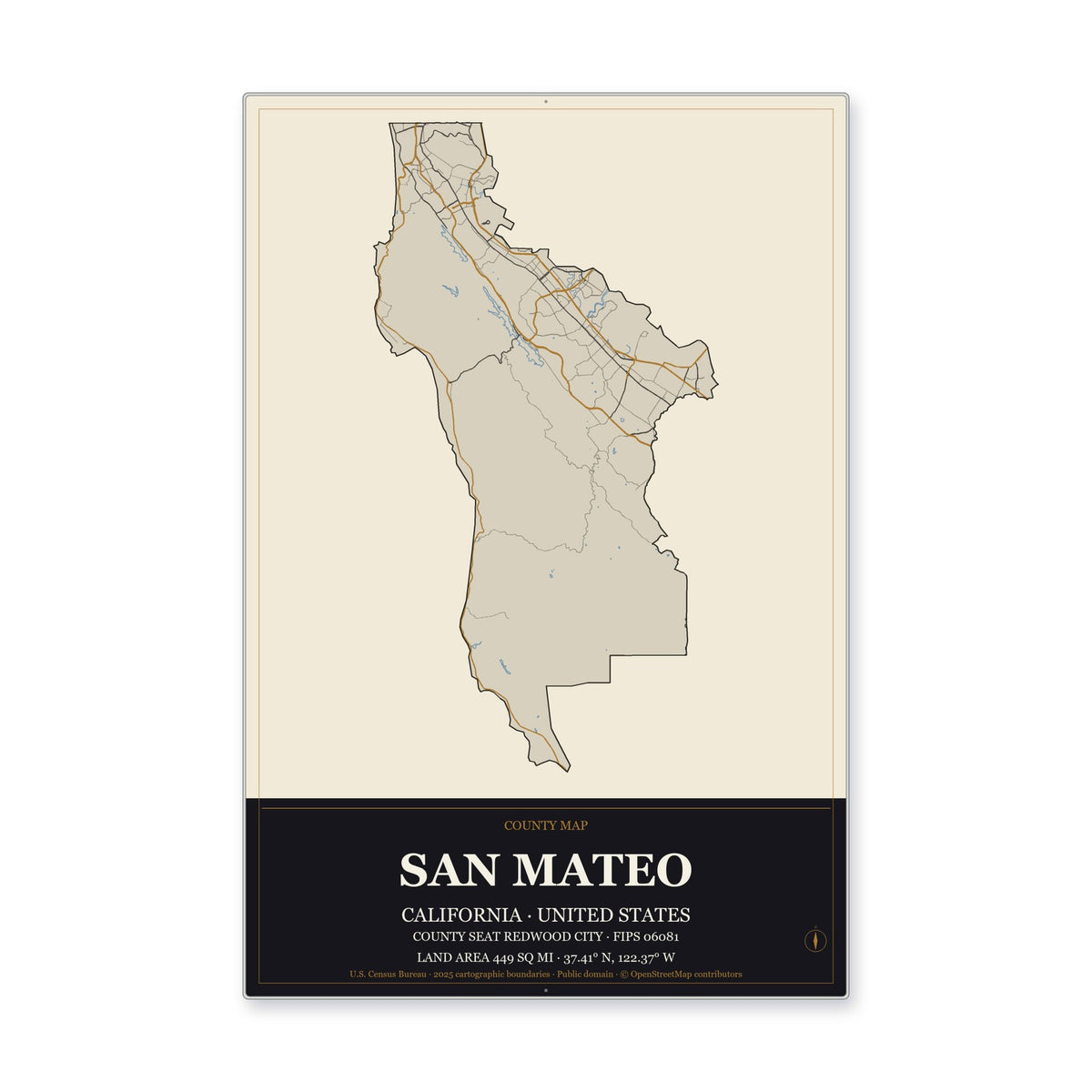 San Mateo County, California Map Aluminum Sign in Museum Plaque style