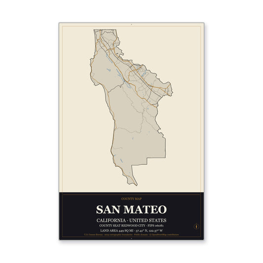 San Mateo County, California Map Aluminum Sign in Museum Plaque style