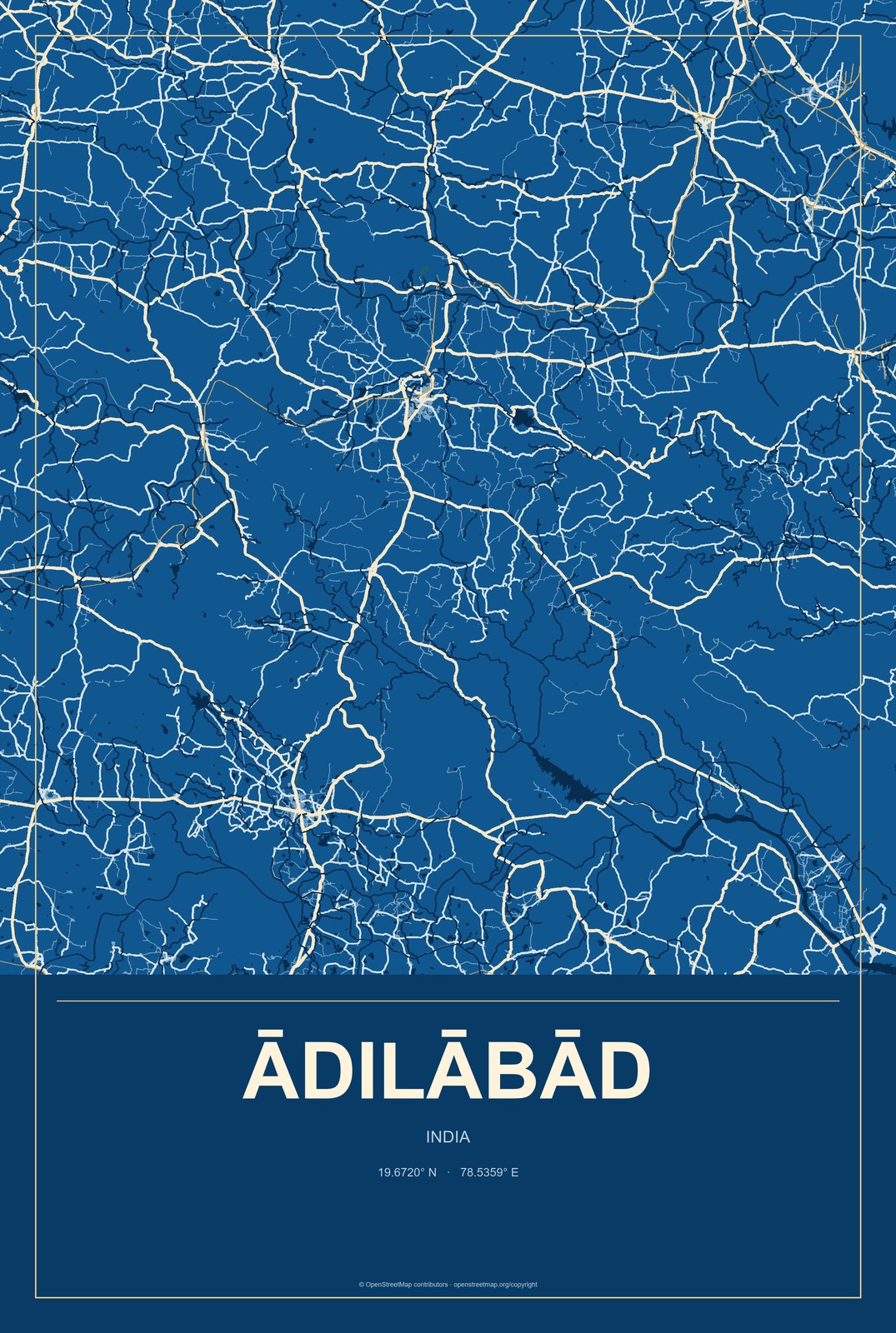 Ādilābād, India City Map Aluminum Sign in Harbor Cobalt style