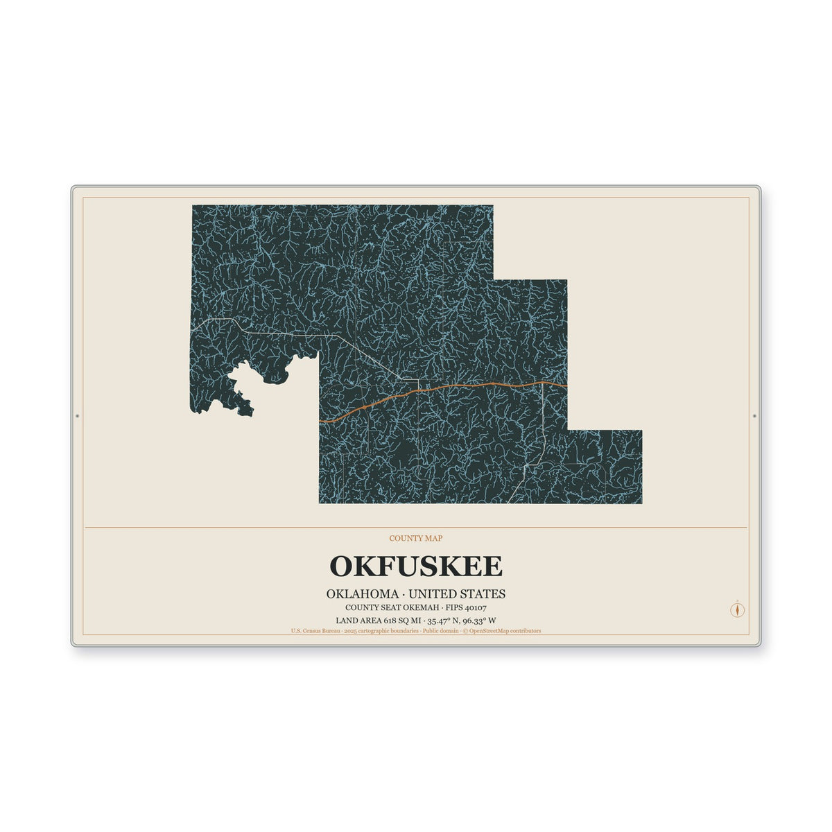Okfuskee County, Oklahoma Map Aluminum Sign in Headline Atlas style
