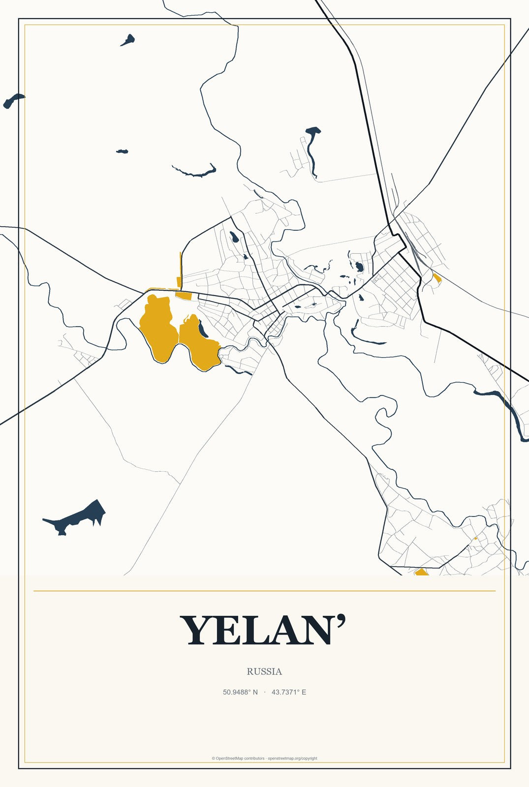 Yelan’, Russia City Map Aluminum Sign in Citrine Modern style
