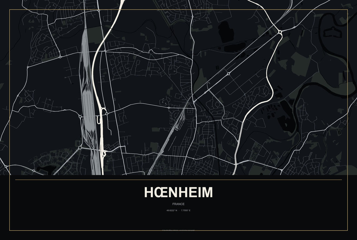 Hœnheim, France City Map Aluminum Sign in Metropolitan Noir style