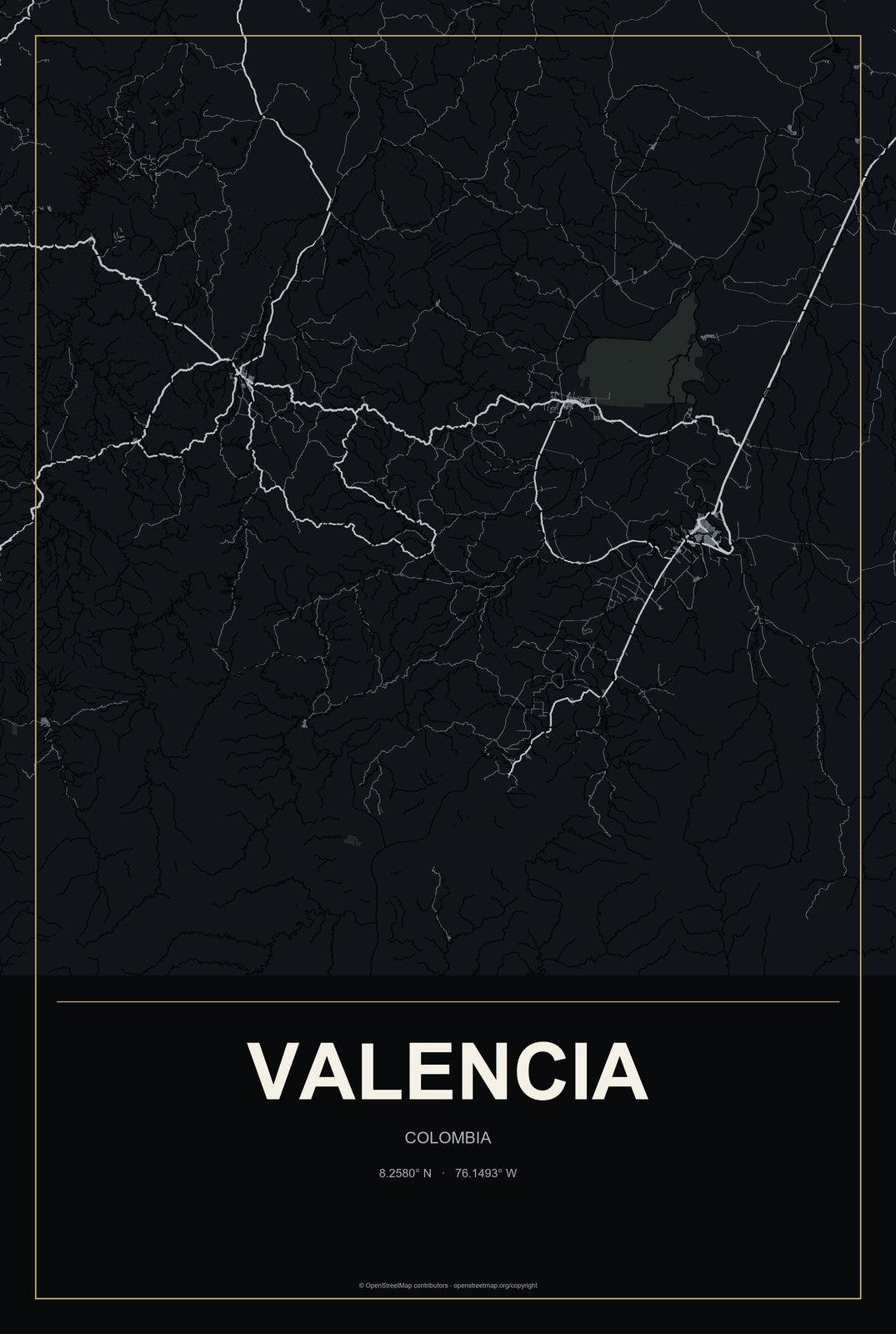Valencia, Colombia City Map Aluminum Sign in Metropolitan Noir style