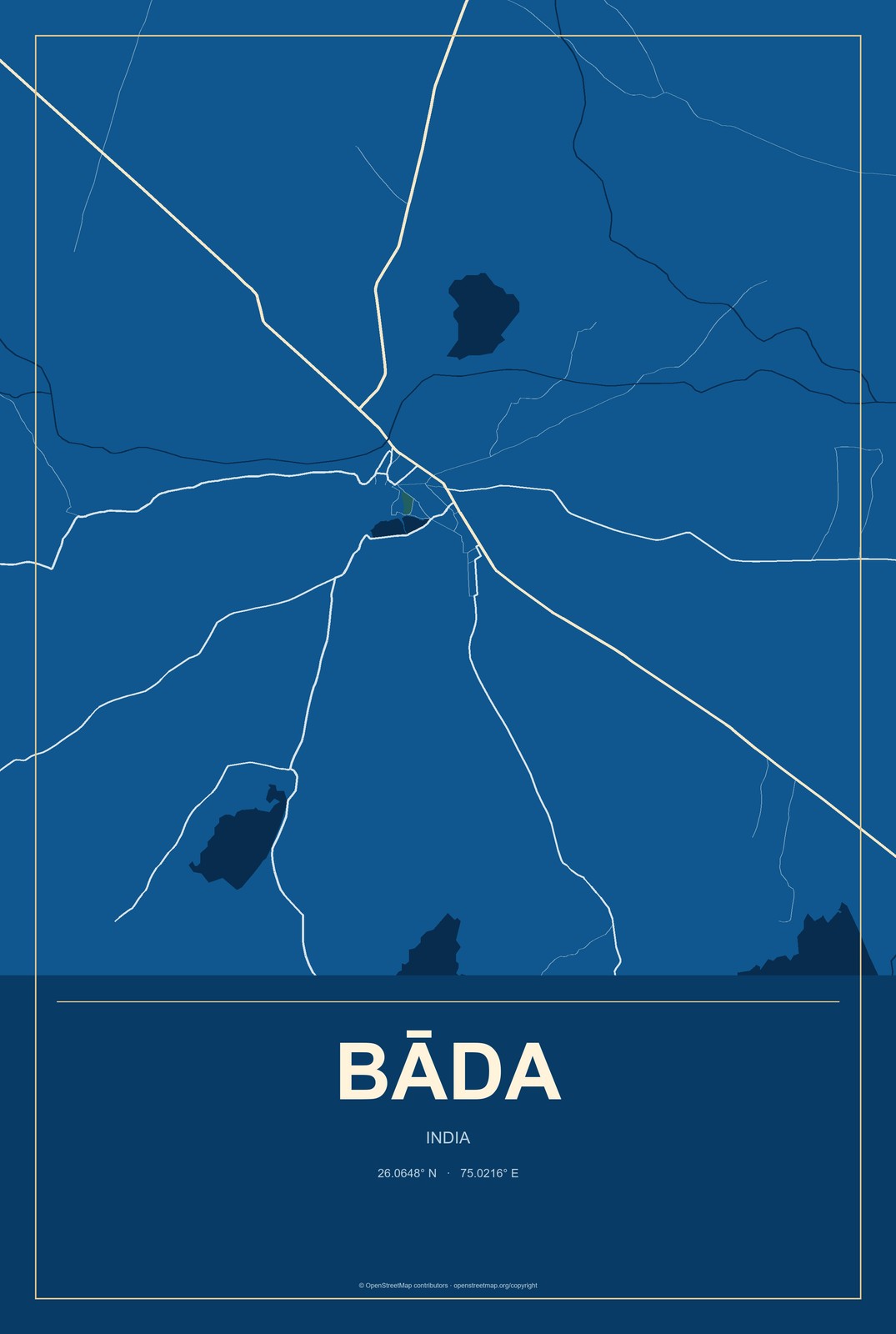 Bāda, India City Map Aluminum Sign in Harbor Cobalt style
