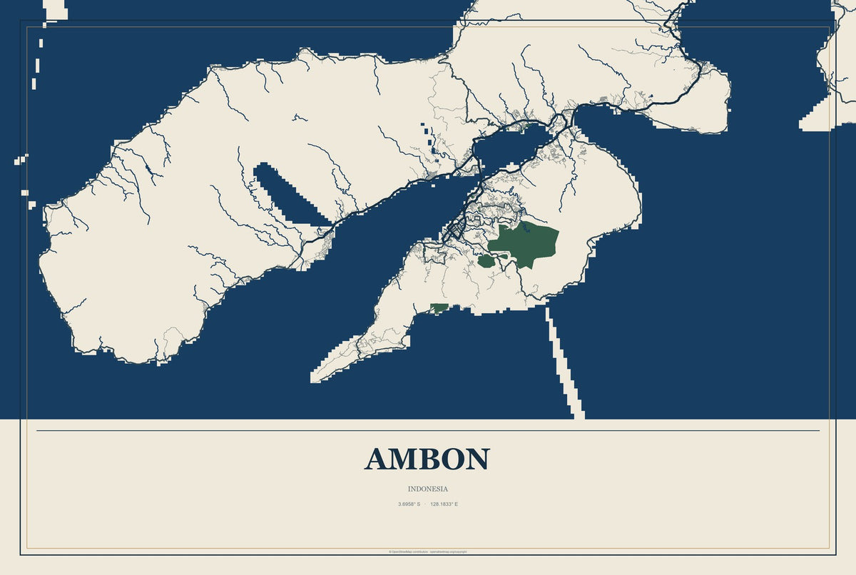 Ambon, Indonesia City Map Aluminum Sign in Coastal Cutout style