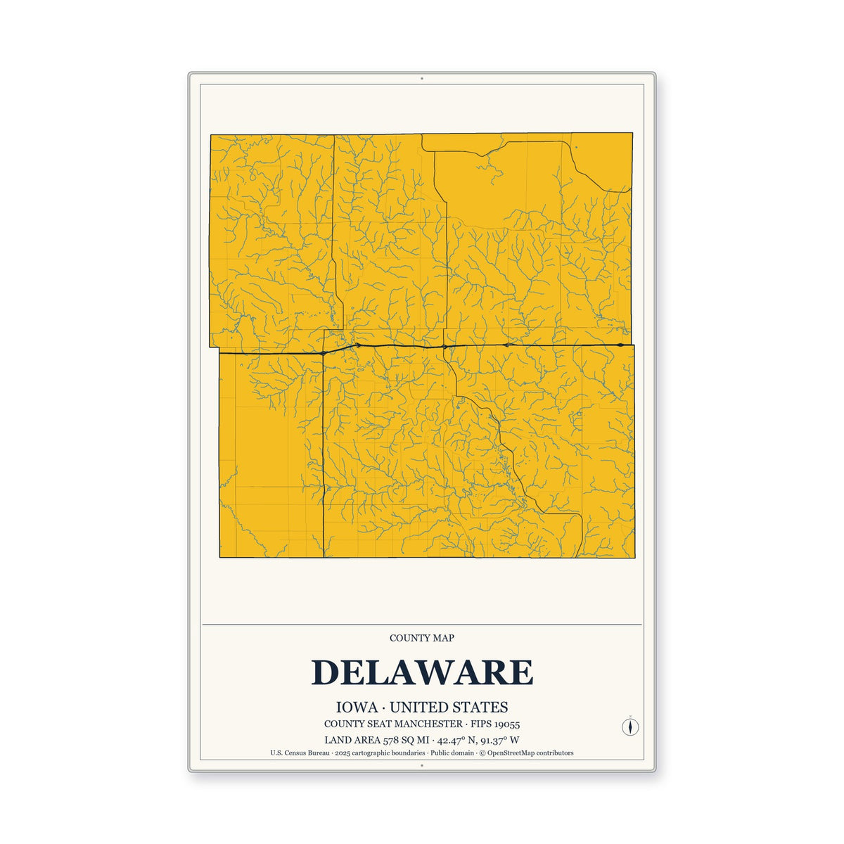 Delaware County, Iowa Map Aluminum Sign in Citrine Modern style