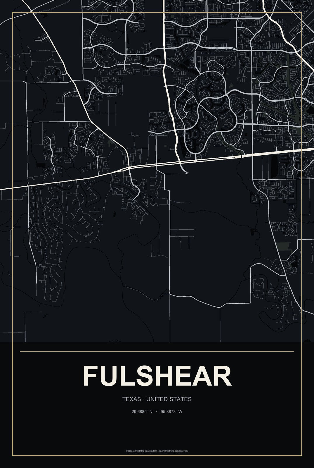 Fulshear, Texas City Map Aluminum Sign in Metropolitan Noir style