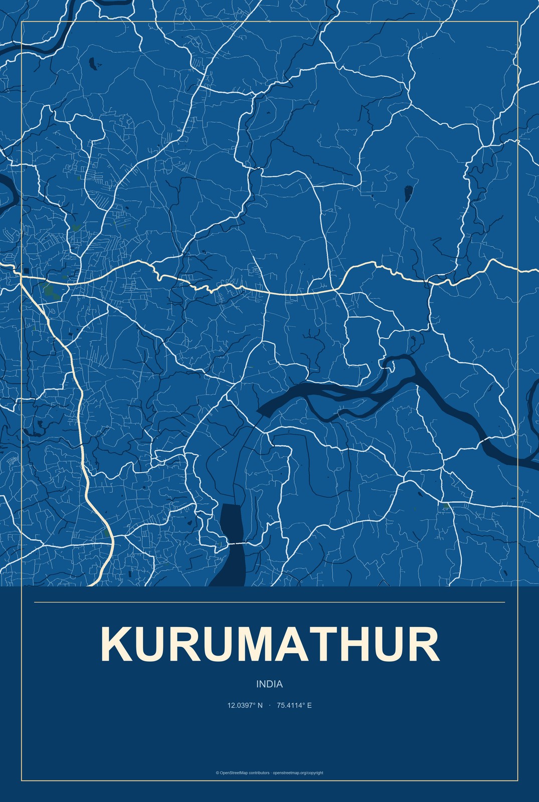 Kurumathur, India City Map Aluminum Sign in Harbor Cobalt style