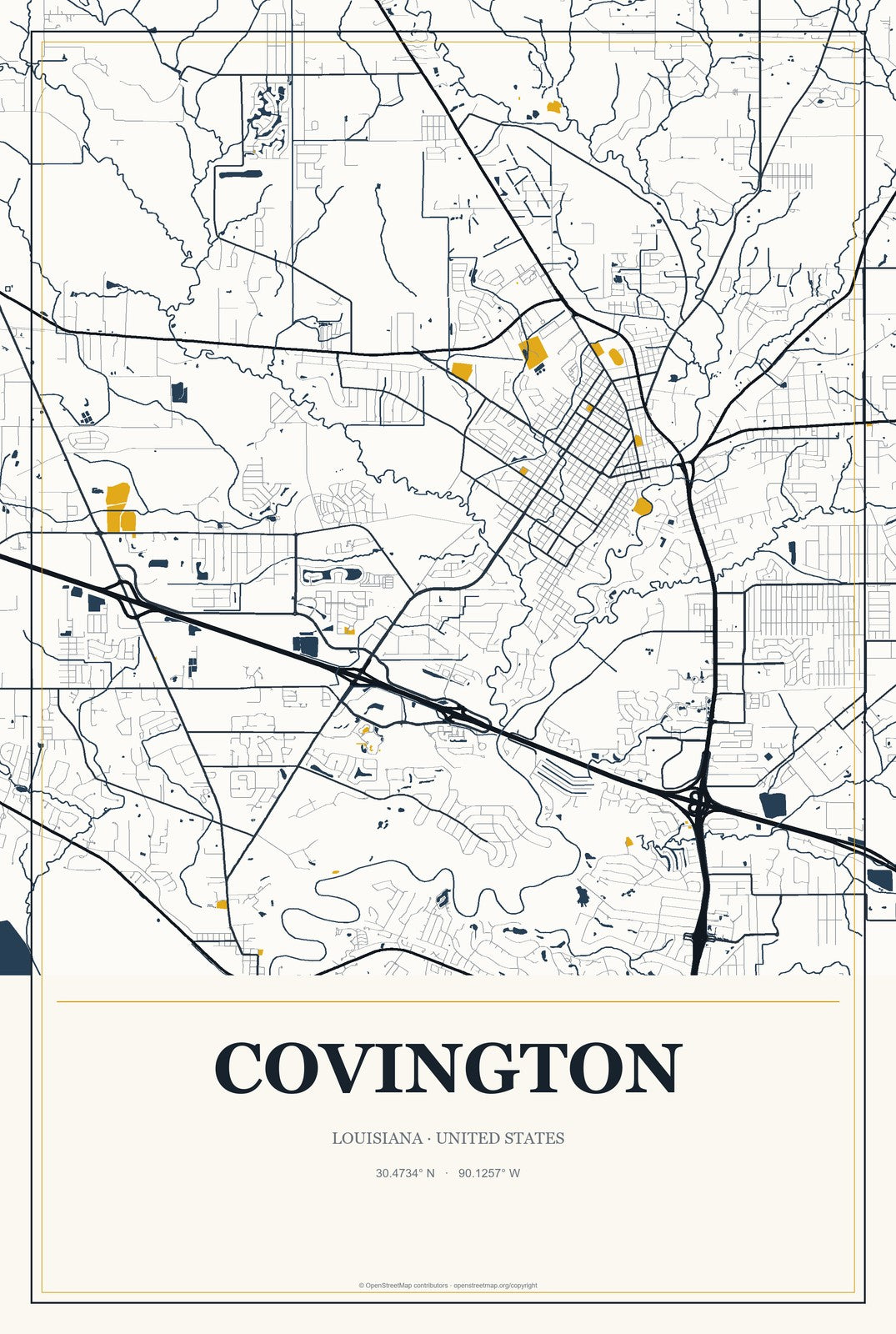 Covington, Louisiana City Map Aluminum Sign in Citrine Modern style