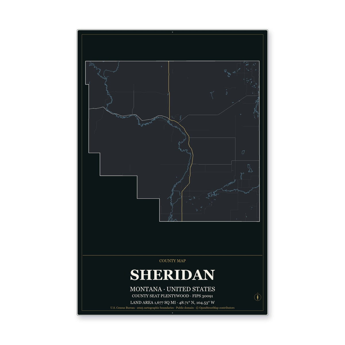Sheridan County, Montana Map Aluminum Sign in Metropolitan Noir style