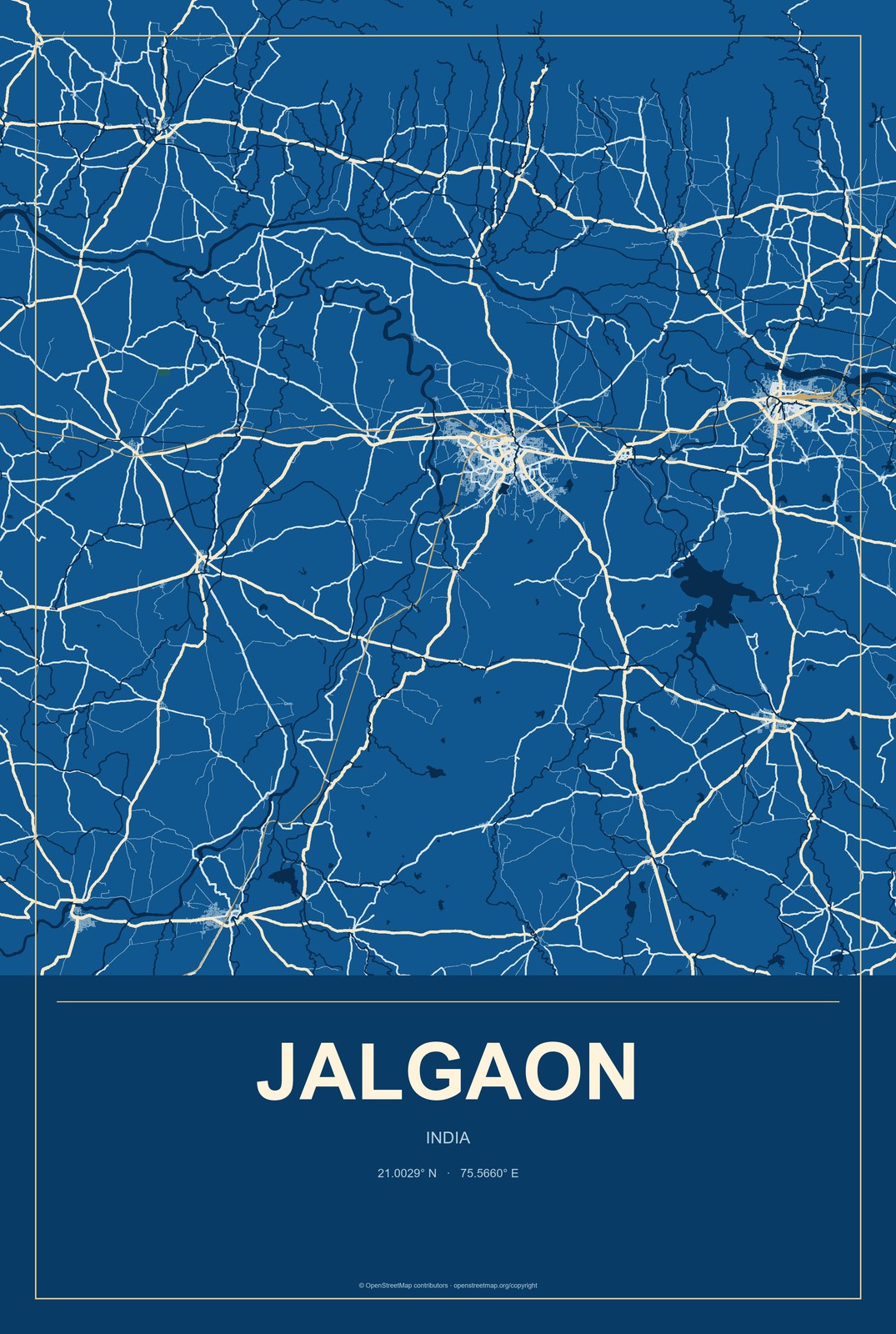 Jalgaon, India City Map Aluminum Sign in Harbor Cobalt style