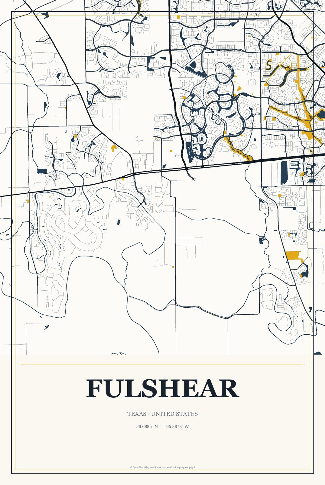 Fulshear, Texas City Map Aluminum Sign in Citrine Modern style