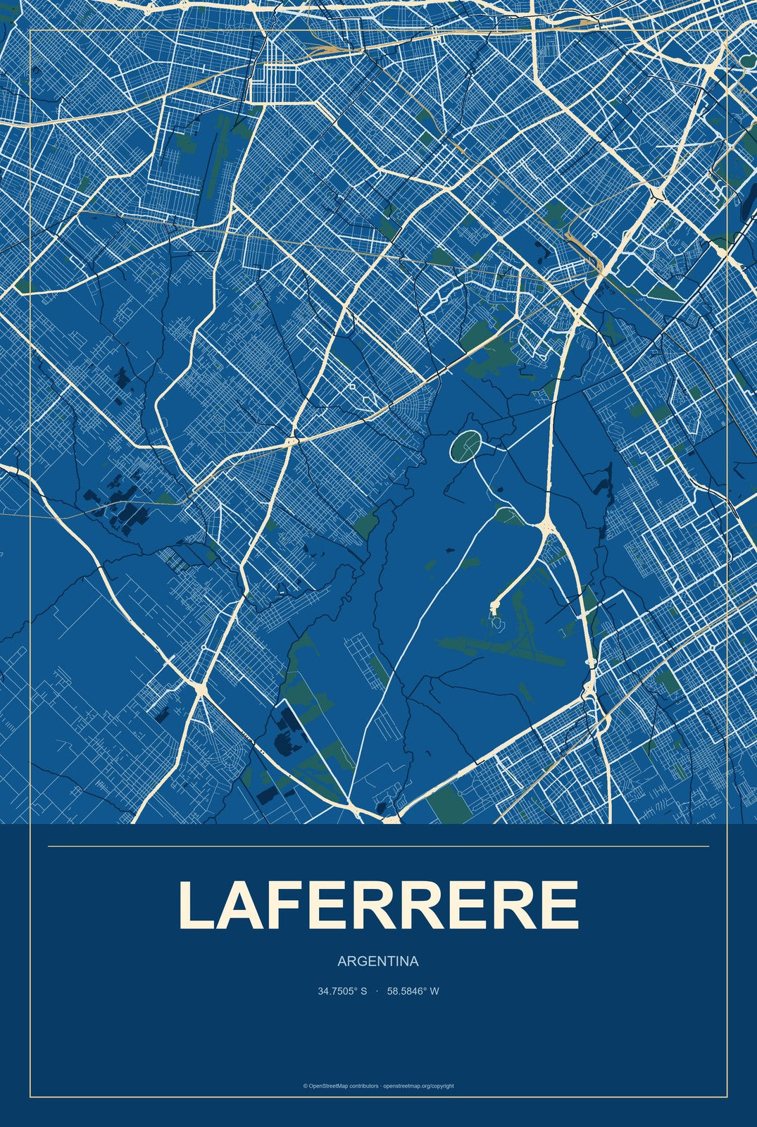 Laferrere, Argentina City Map Aluminum Sign in Harbor Cobalt style
