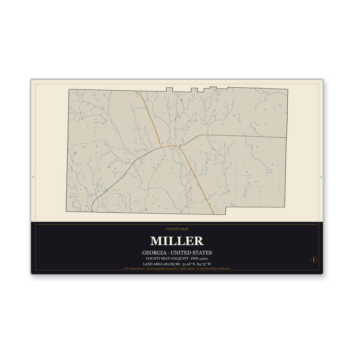 Miller County, Georgia Map Aluminum Sign in Museum Plaque style