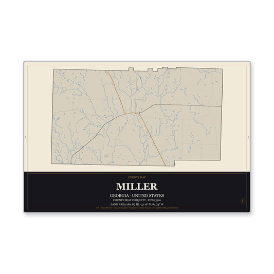 Miller County, Georgia Map Aluminum Sign in Museum Plaque style