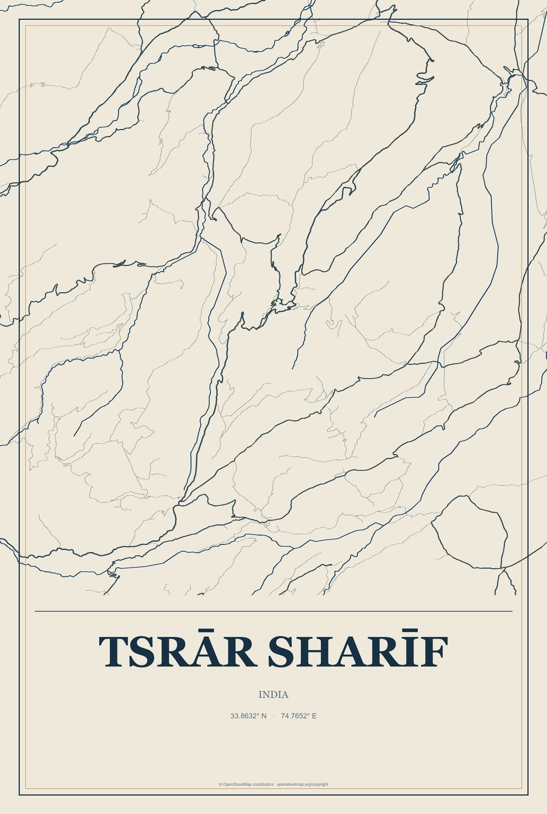 Tsrār Sharīf, India City Map Aluminum Sign in Coastal Cutout style