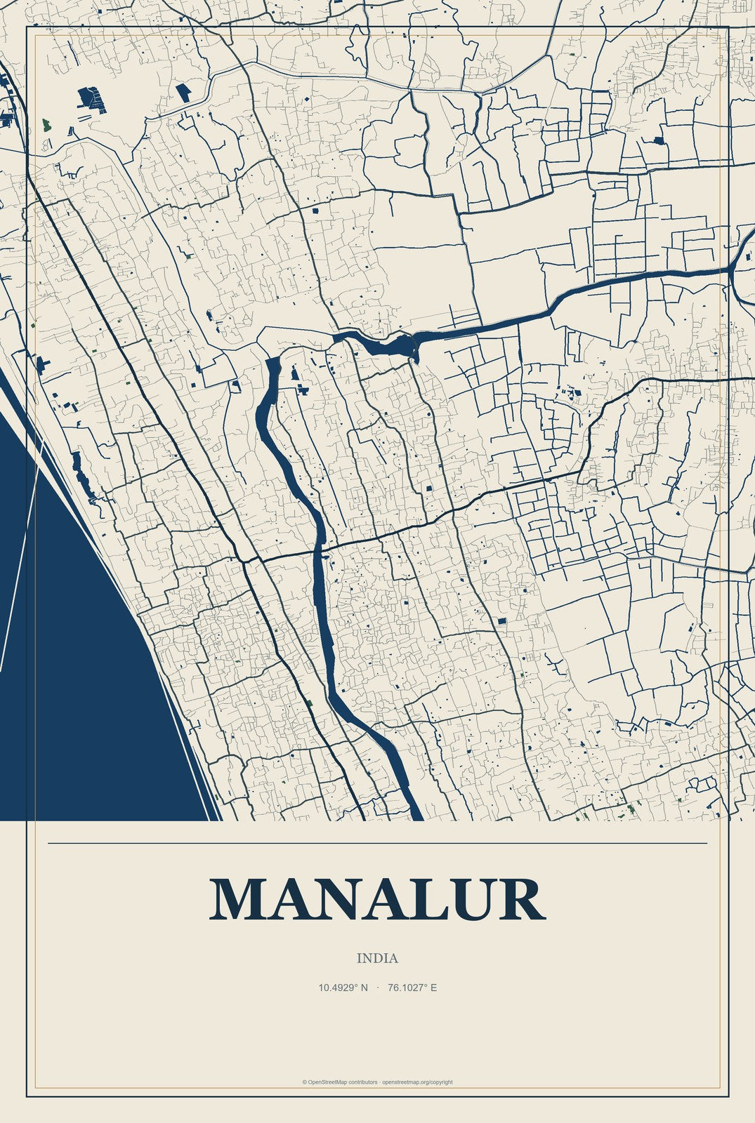 Manalur, India City Map Aluminum Sign in Coastal Cutout style