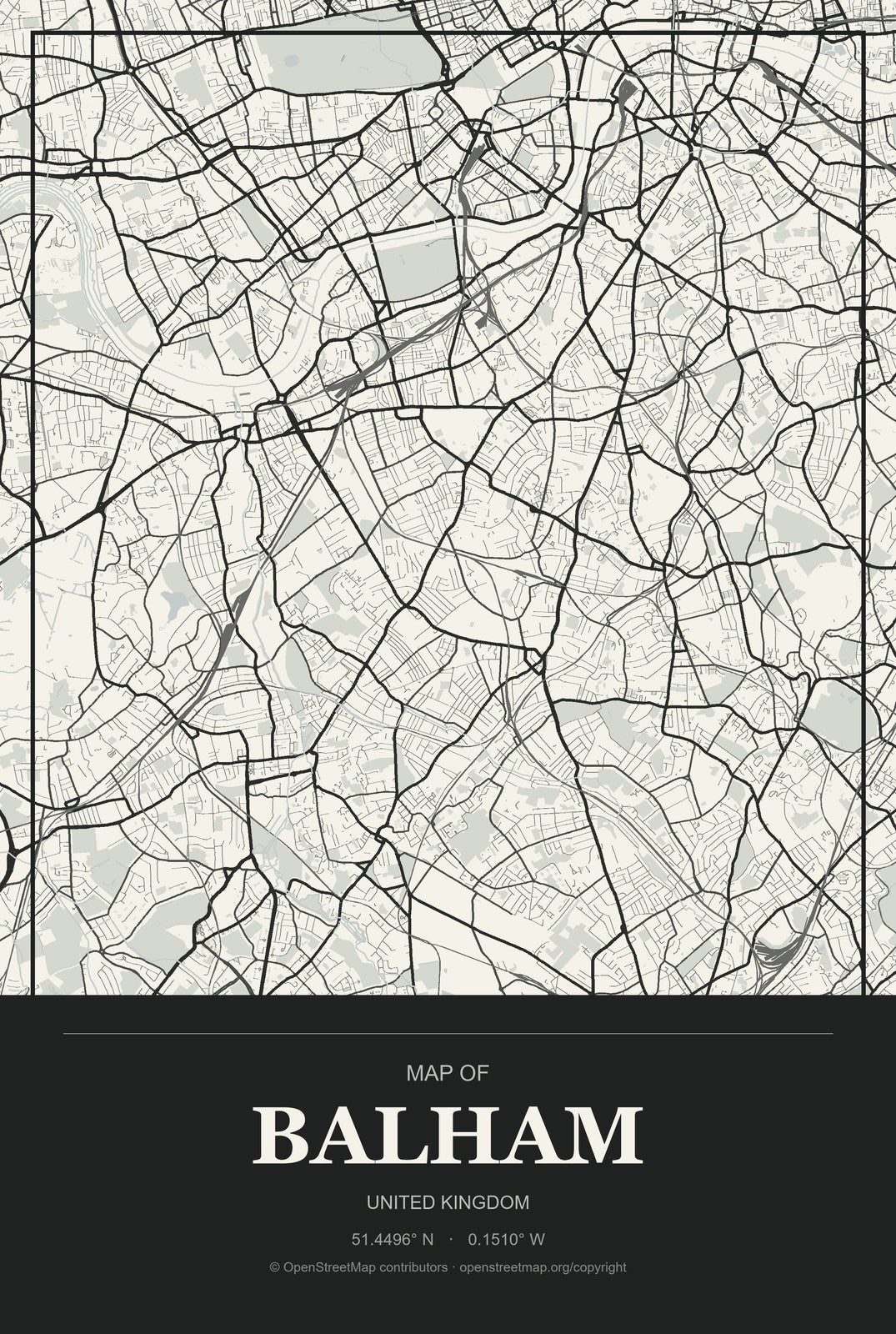Balham, United Kingdom City Map Aluminum Sign in Museum Plaque style