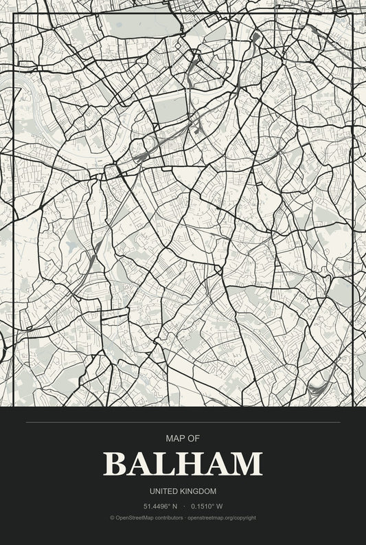 Balham, United Kingdom City Map Aluminum Sign in Museum Plaque style