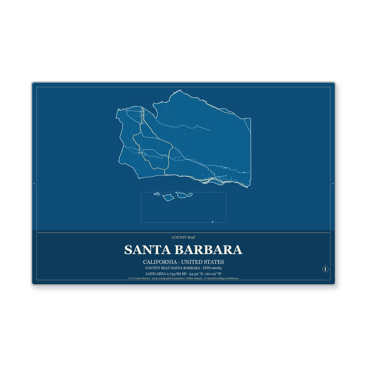 Santa Barbara County, California Map Aluminum Sign in Harbor Cobalt style