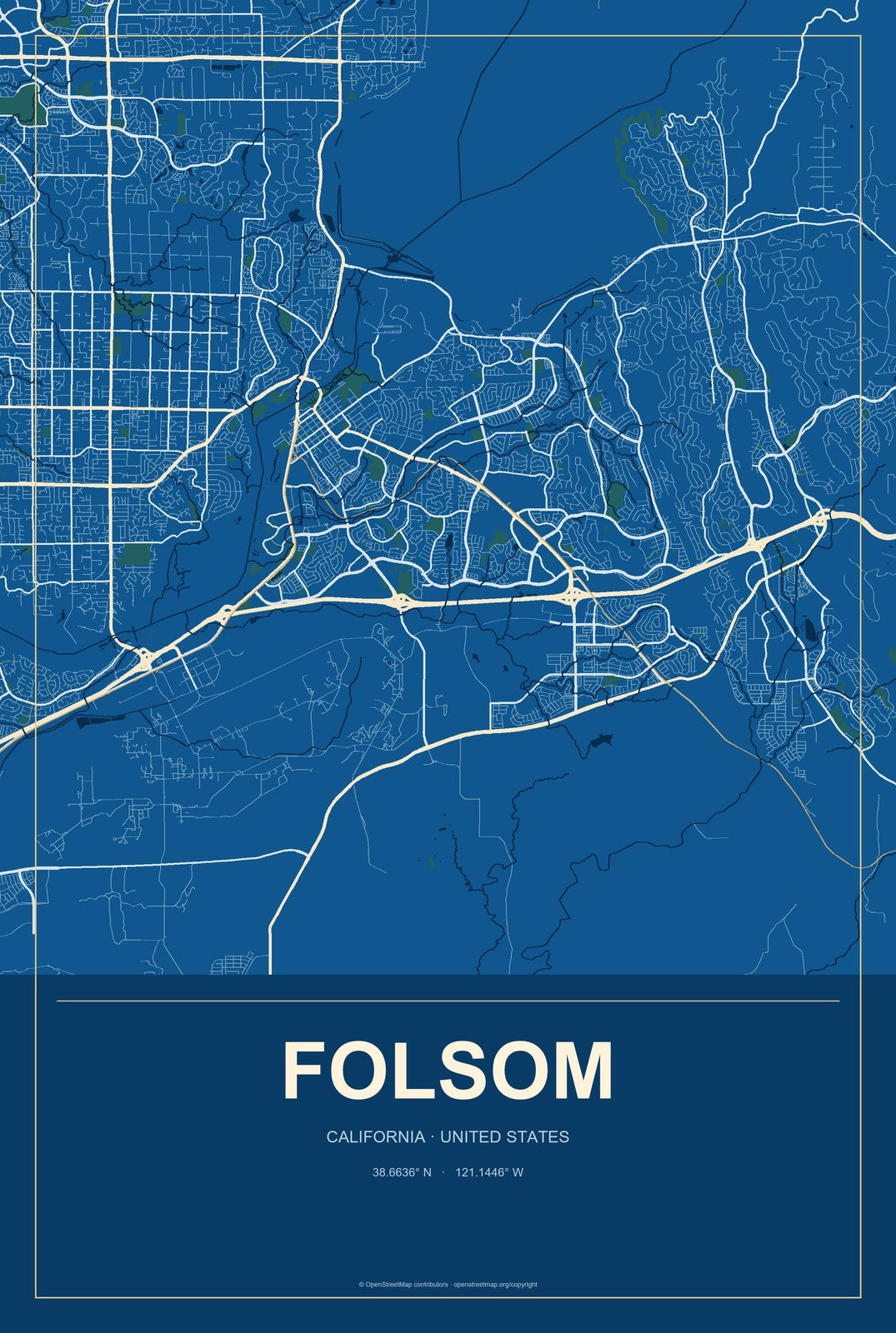 Folsom, California City Map Aluminum Sign in Harbor Cobalt style